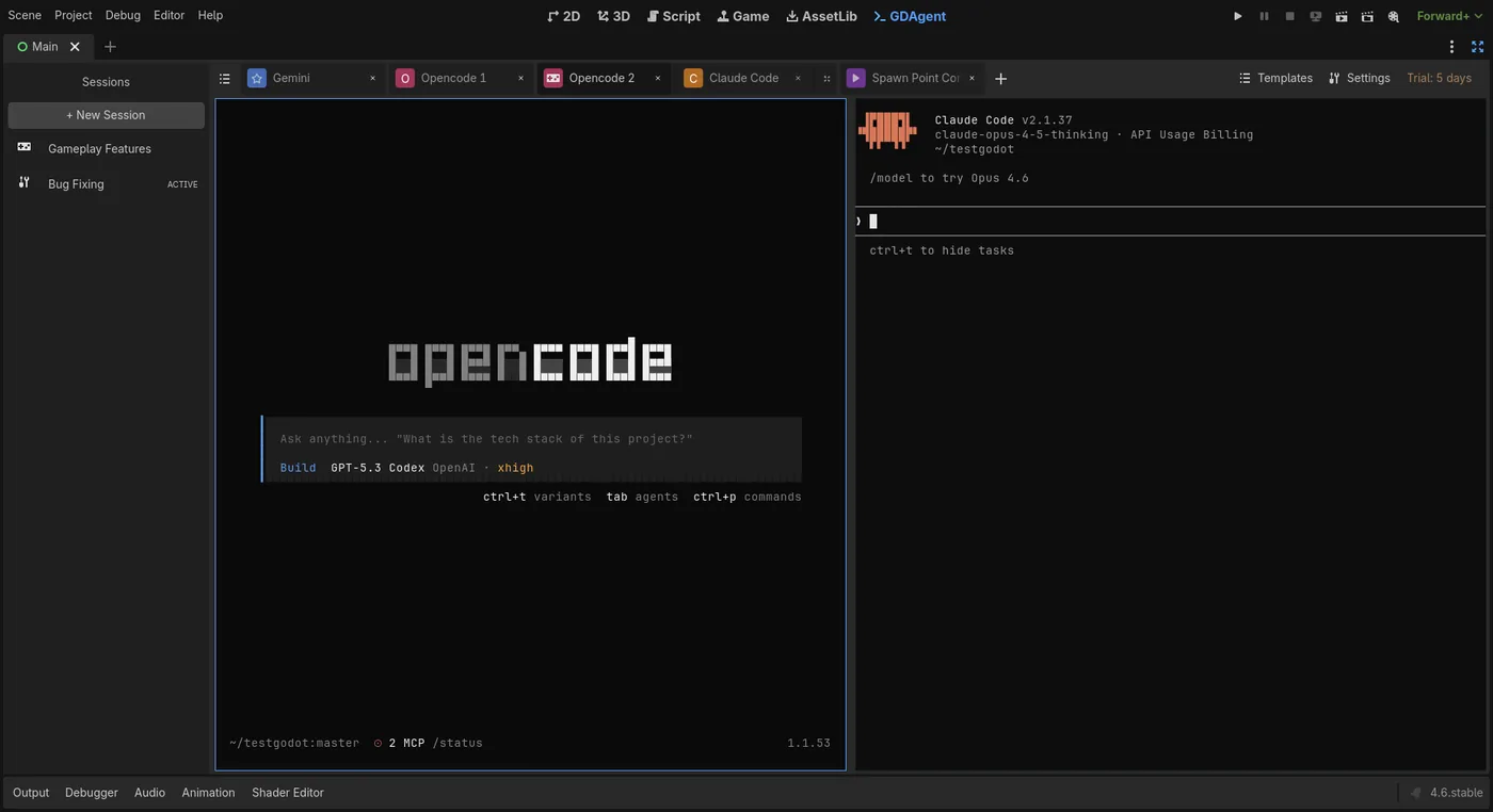 GDAgent interface showing AI-assisted Godot development